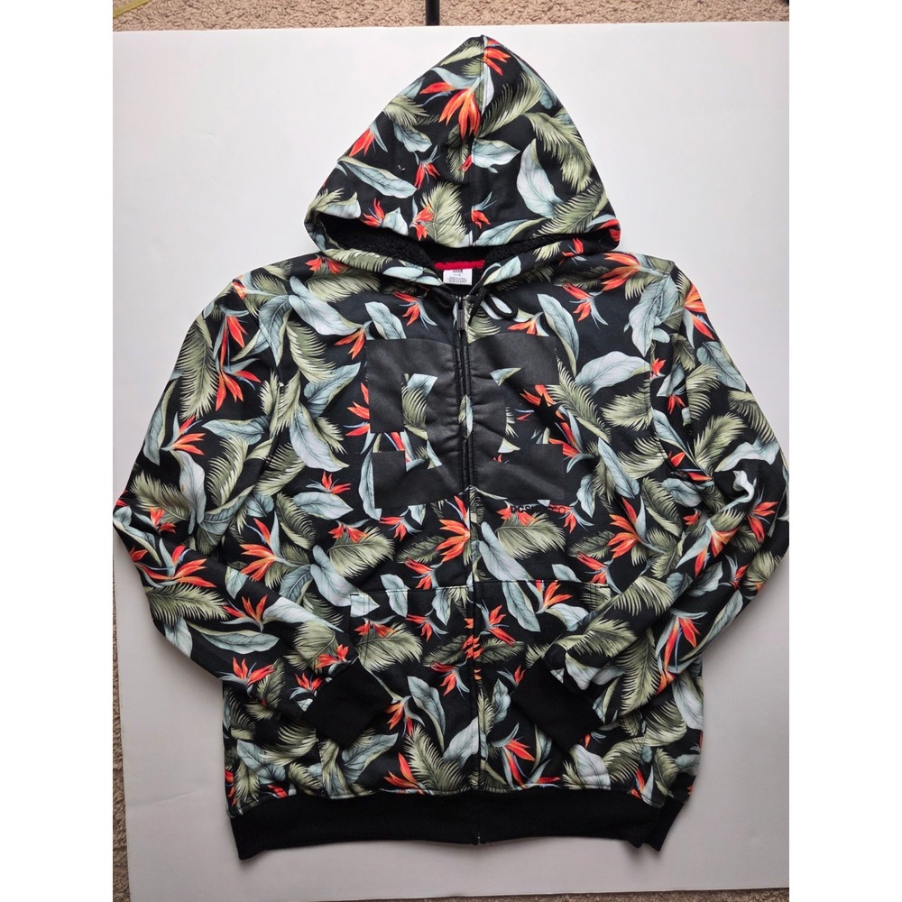 DC Hoodie Mens Large Green Floral Full Zip Faux Sherpa Lined Skater Outdoor